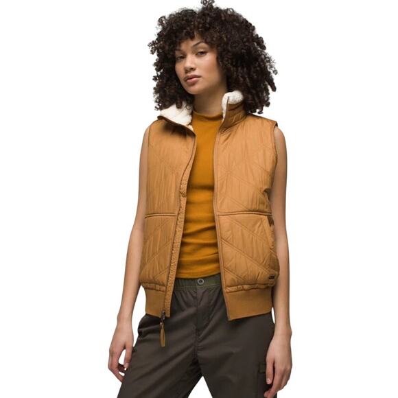 prAna Elsa Sherpa Vest Women’s Medium Camel Brown Fleece Lined Zip Front - Picture 1 of 11